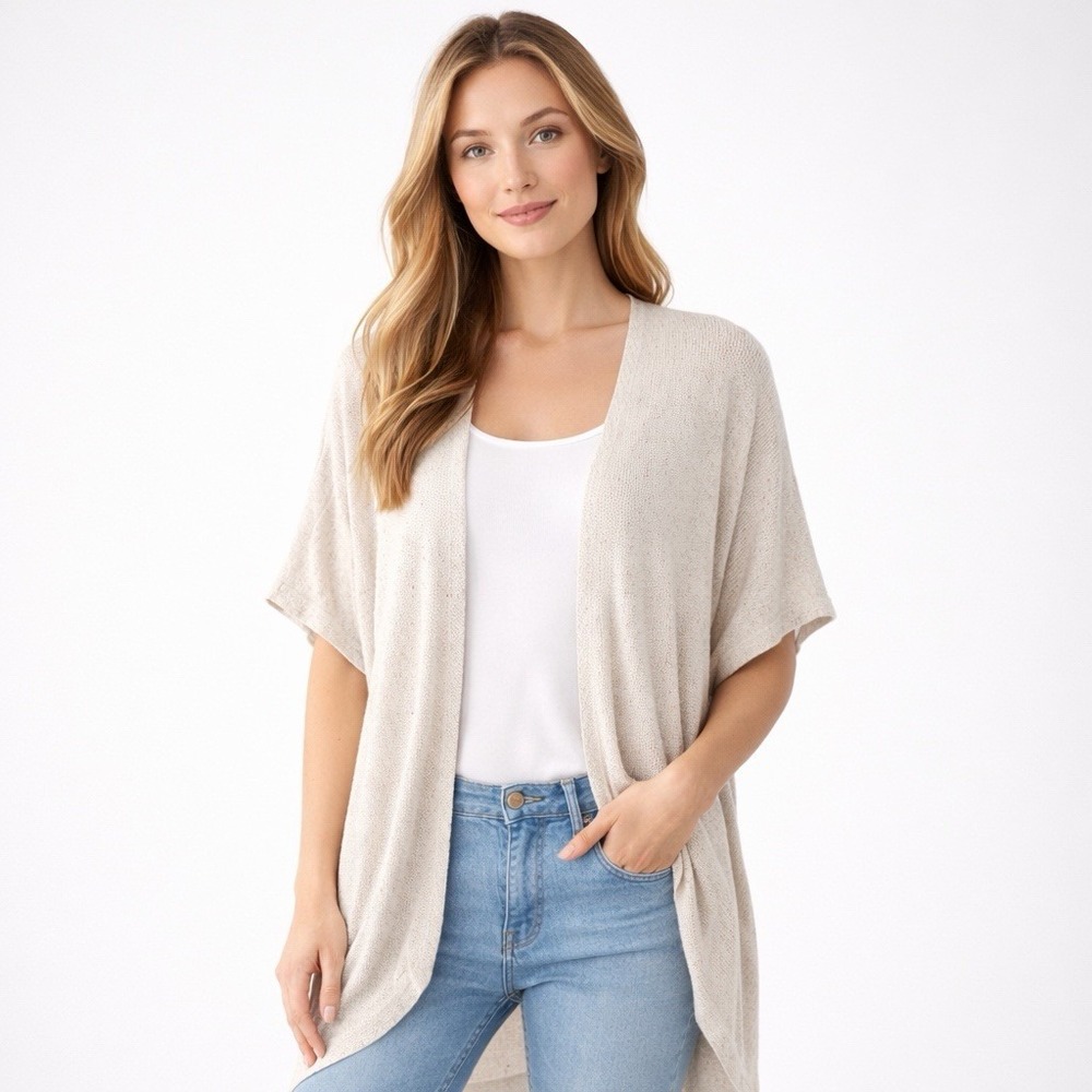 Pure Jill Linen‎ Silk Blend Open Front Poncho Shawl Beige Speckled Medium